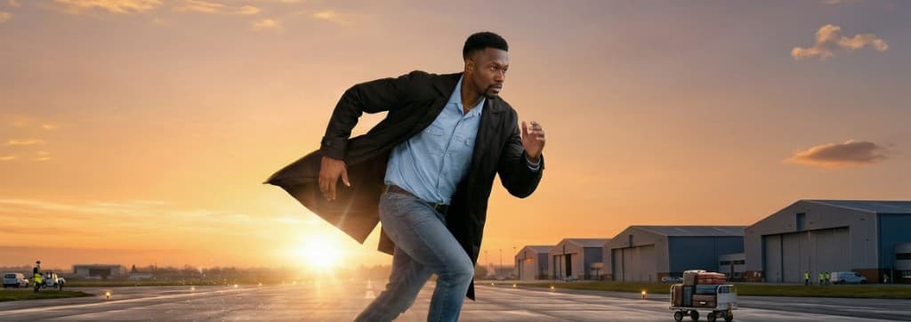 Man in a Hērman coat running on an airport tarmac at sunrise, coat billowing