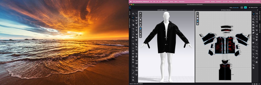 Ocean sunset beside CLO 3D pattern development for the coat